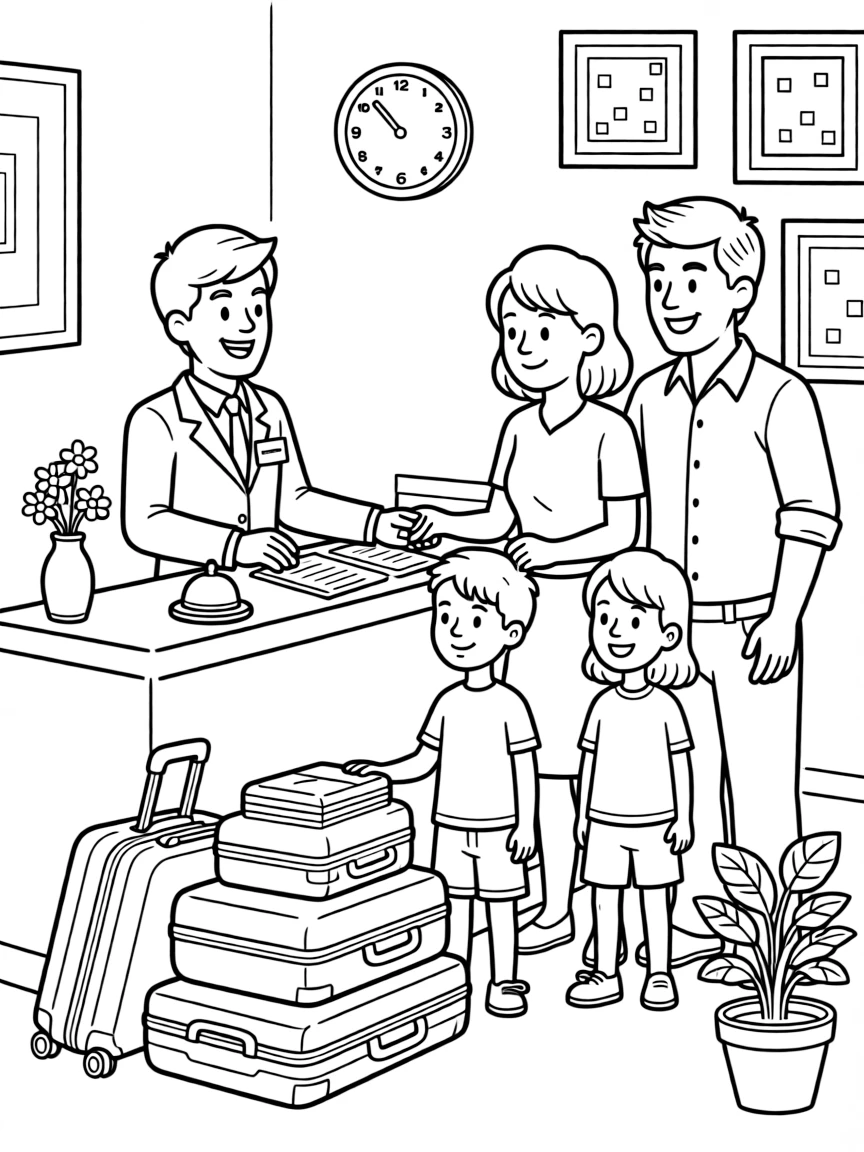 A hotel concierge helps a family with luggage at a busy hotel lobby desk.