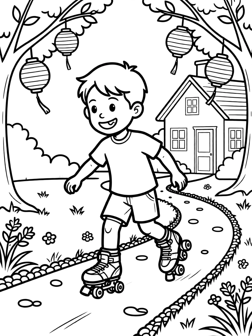 A boy with a missing front tooth roller skating alone at grandparents' farmhouse, deeply focused, with paper lanterns swaying gently.