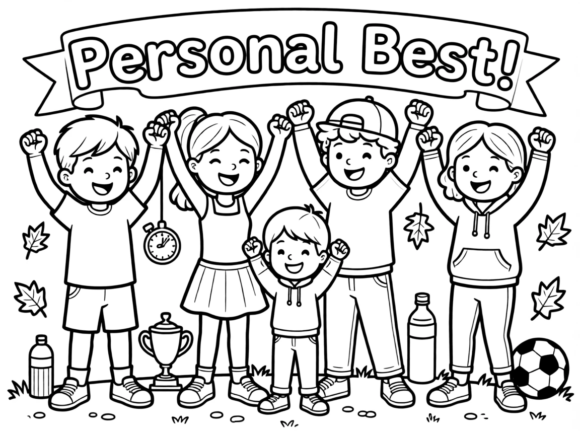 A team of neighborhood kids, celebrating a personal best time by pumping both fists in the air.