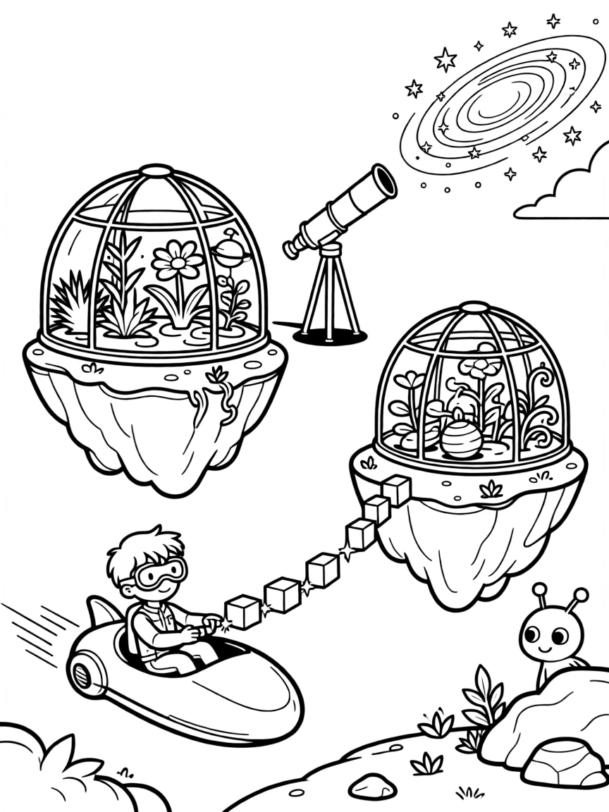 Pilot Cosmo zooming along on a turbo pod building a bridge of light between two floating islands, in a greenhouse dome growing plants from a dozen different planets, with a giant telescope pointed at a swirling galaxy and a curious alien creature peeking out from behind a rock nearby.