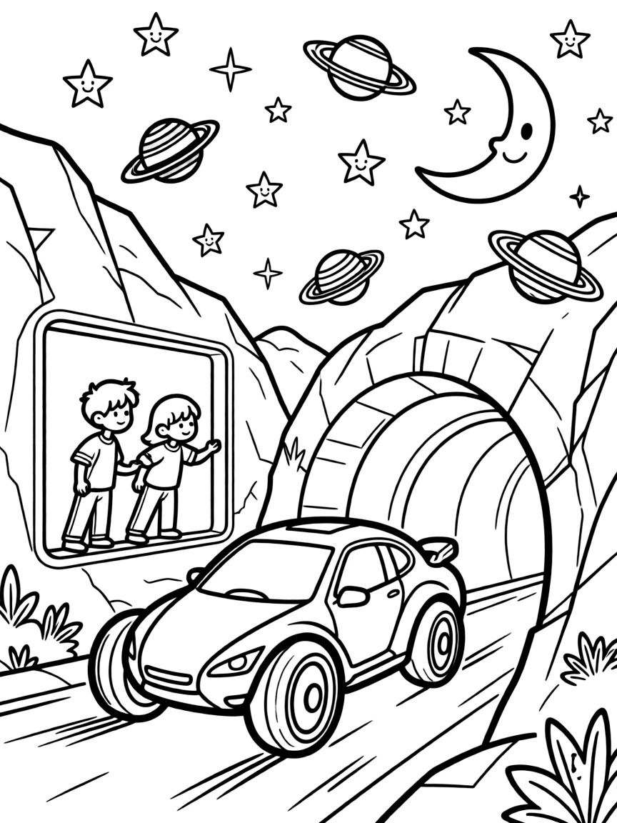 In this scene, a color-changing hover-bike with light-up wheels is the star of a tunnel cutting through a rocky mountainside, joined by twin siblings pressing their faces to the window, with twinkling stars and a smiling crescent moon above and planets with colorful rings floating nearby scattered throughout for kids to color.