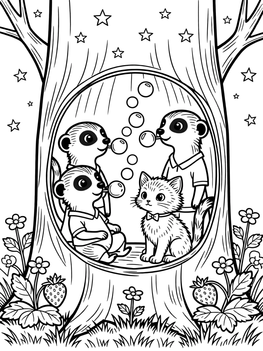 A meerkat family inside a hollow tree trunk, blowing bubbles with a curious kitten, next to a patch of wild strawberries, as stars begin to twinkle above.