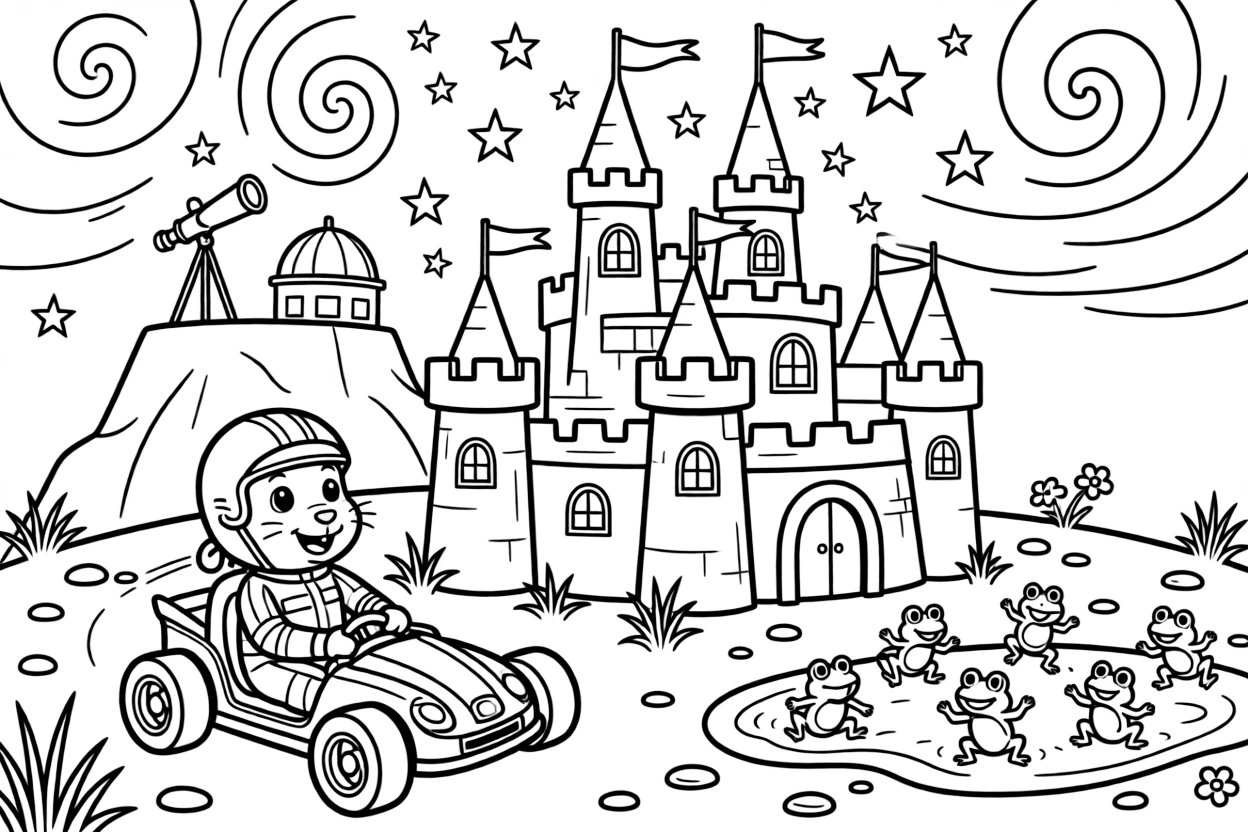 Goofy and full of excitement, a hamster race car driver spends the day building an enormous sandcastle fortress at a mountaintop observatory under a swirl of stars. Nearby, a puddle full of jumping frogs adds to the fun. It's a perfectly wonderful, magical moment.