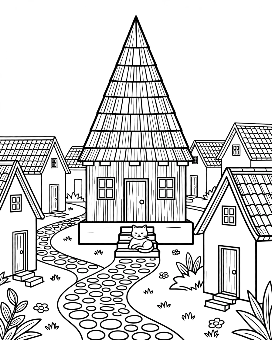 A coloring page from Madagascar showing a tall wooden house with a steep pointed roof, surrounded by neighboring buildings, a cobblestone path, and a friendly cat resting on a step.