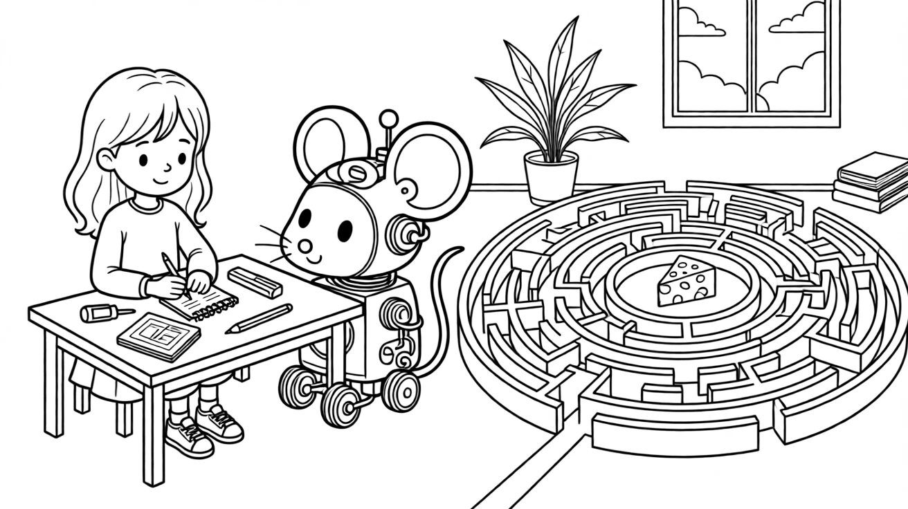 a shy young girl codes a maze-solving robot mouse to find its way to a wedge of cheese.