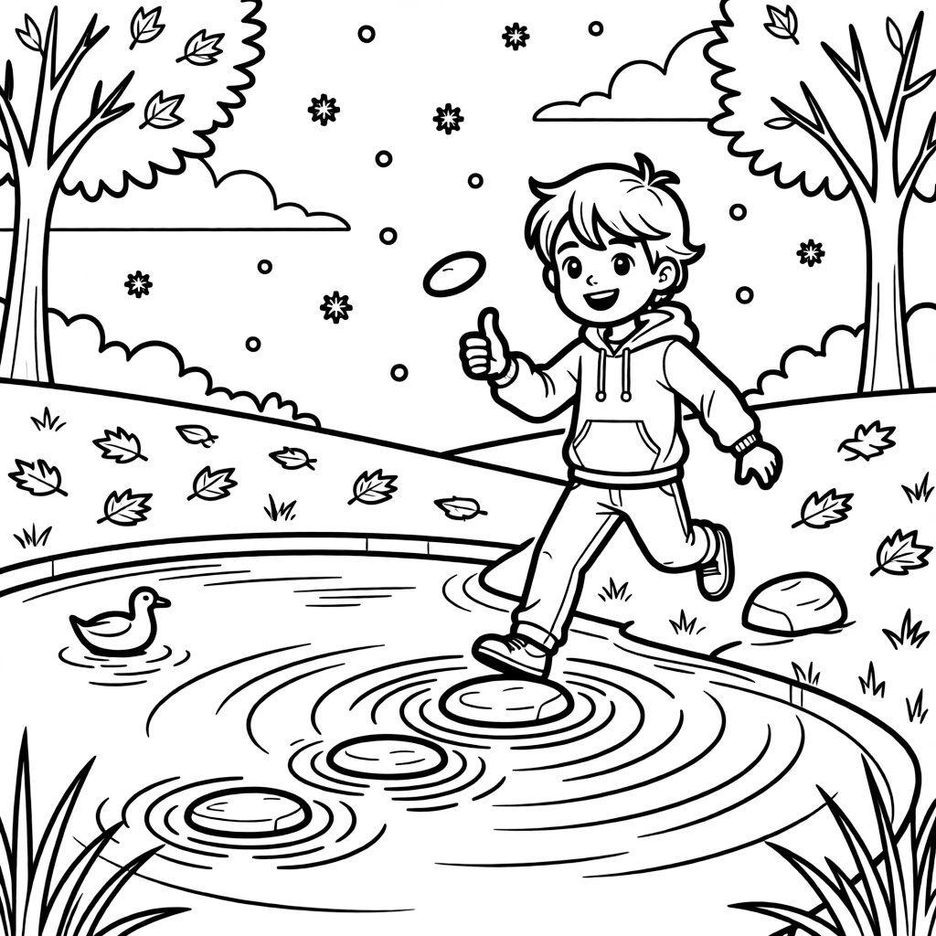 [Outdoor Adventures] a kid skipping stones across a pond tossing a flat stone across calm water beside a calm pond, giving a confident thumbs-up, while ripples spread across the pond's surface fills the surrounding area. Fresh air and sunshine fill the scene. Set on a crisp autumn afternoon, with snow gently falling, the page bursts with adventure and imagination.