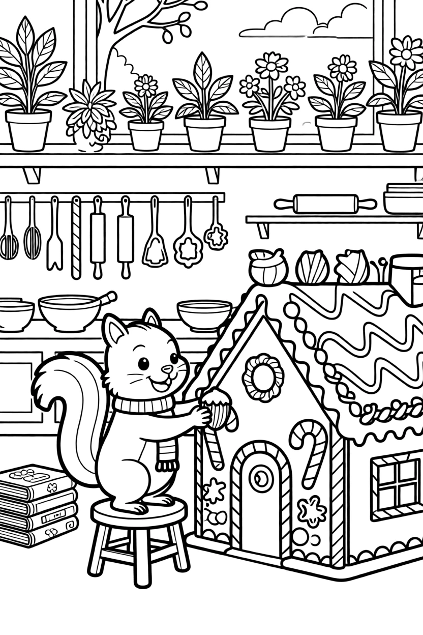 A chipmunk with cheeks full of acorns is decorating a gingerbread house with candy trim inside a cheerful bakery kitchen. All around, a stack of well-loved picture books nearby and a row of potted plants along a windowsill bring the scene to life.