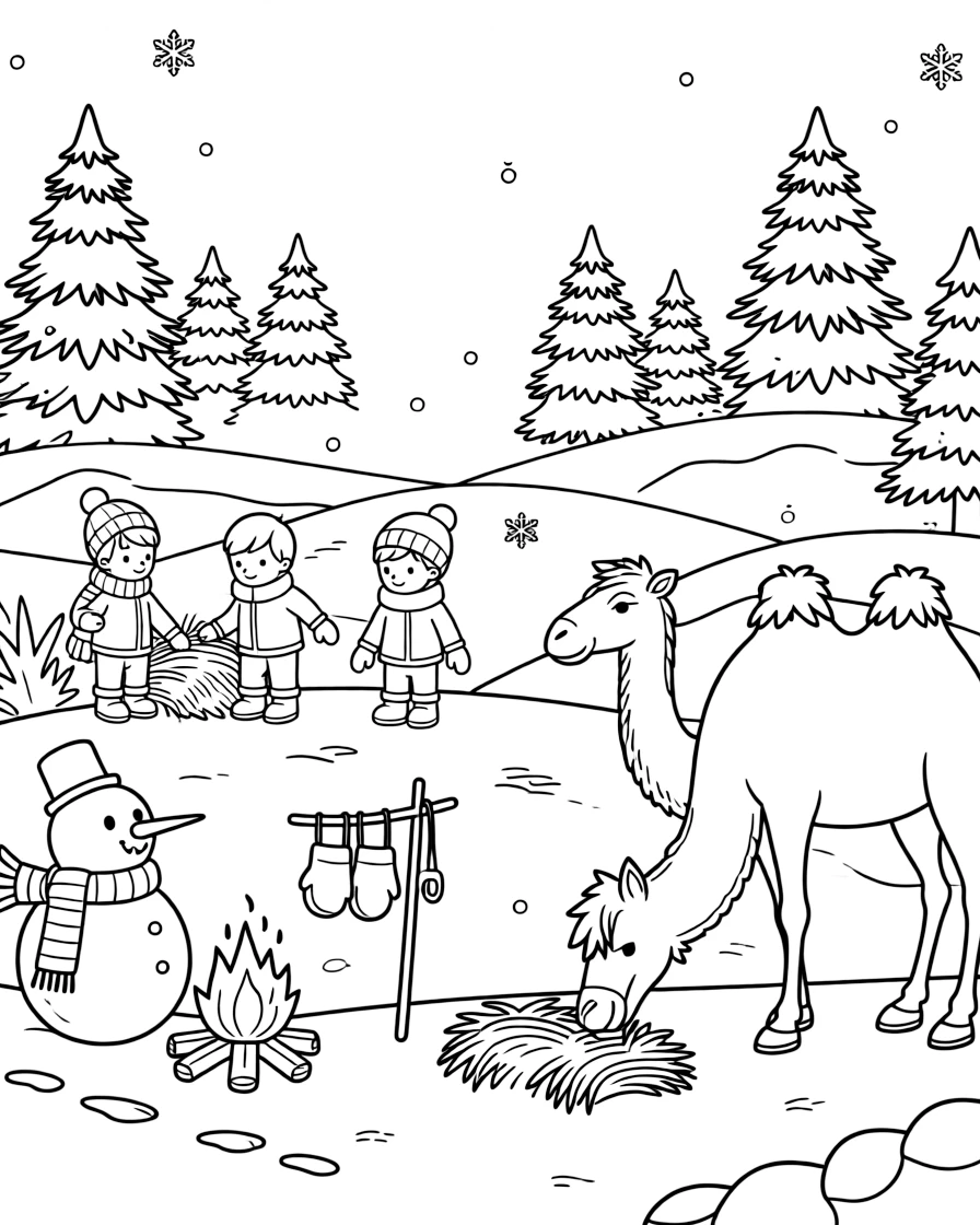 Children leaving hay for the visitors' camels on a hillside dotted with snow-frosted evergreens, with a cheerful snowman with a striped scarf and a pair of mittens drying by the fire nearby.