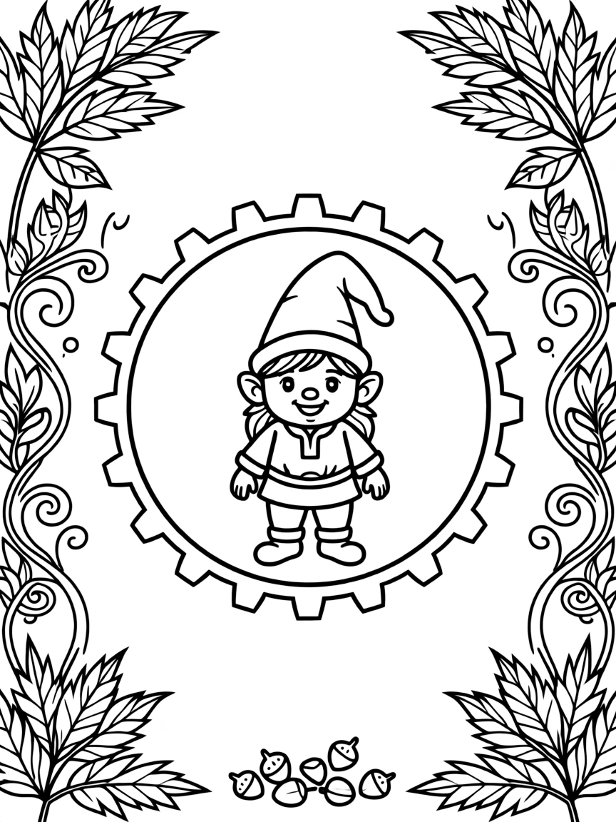 Mythical & Fantasy Creatures: The page presents a small themed scene built around a friendly forest gnome with a tall pointed hat, tied together by a gear-wheel mandala with even notches around the rim. The scene is placed in the center of a small symmetrical scene, with matching background details balanced evenly on both sides. Decorative details fill the surrounding space, including layered leaf clusters, curling paisley teardrops, and curling fern-frond shapes woven throughout the background. A playful extra touch completes the page: a handful of tiny acorns scattered near the bottom edge.