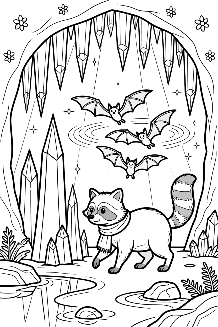 [Mystical Caves] A curious raccoon wanders past towering stalagmites deep inside a hidden cave. A family of bats swoops gracefully around a cluster of towering stalactites. Towering stalactites and stalagmites form natural archways throughout the glittering cavern. A gentle echo carries through the cavern beneath the soft glow of natural crystals.