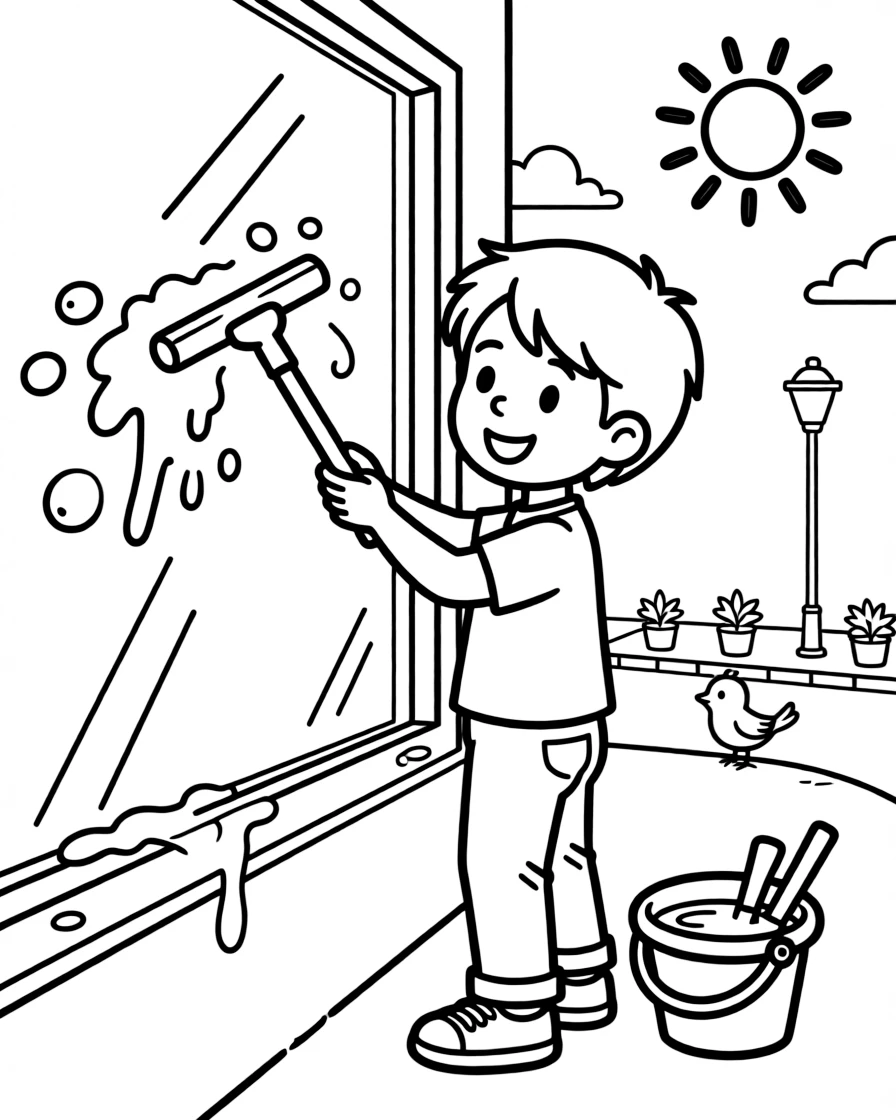 A window cleaner squeegees suds off a storefront window on a sunny street.