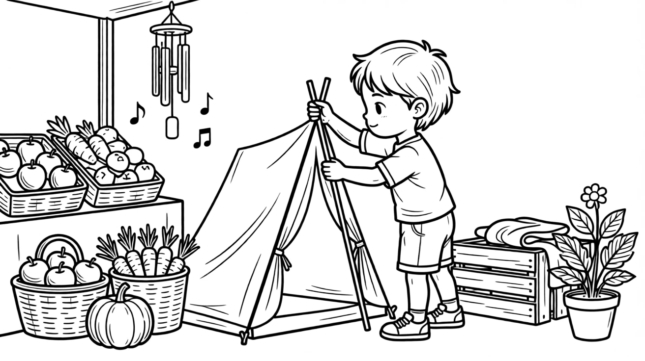A young child setting up a tent alone at a farmers market stall, deeply focused, as a wind chime tinkles softly.