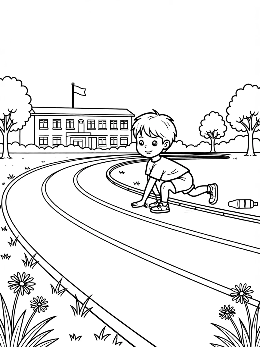 A shy new student, stretching on the track before a big race, lanes freshly painted.