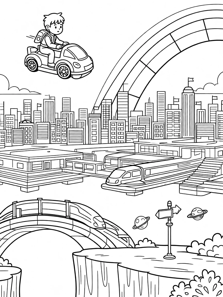 Pilot Circuit zooming along on a hovercar learning to fly for the first time with a jetpack over a cyber skyline near a bustling train station for hover-trains connecting floating cities, surrounded by a rainbow bridge arching over a canyon and a floating signpost pointing to distant planets.