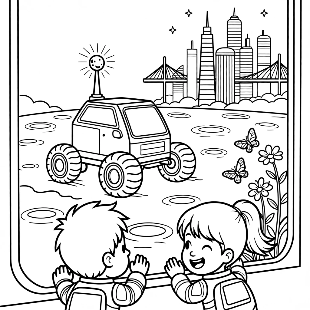 This page centers on a bouncy lunar rover crossing a field of craters exploring a gleaming futuristic city skyline with towers and skywalks, featuring twin siblings pressing their faces to the window and little extras like a signal light blinking cheerfully and butterflies fluttering near a patch of wildflowers.