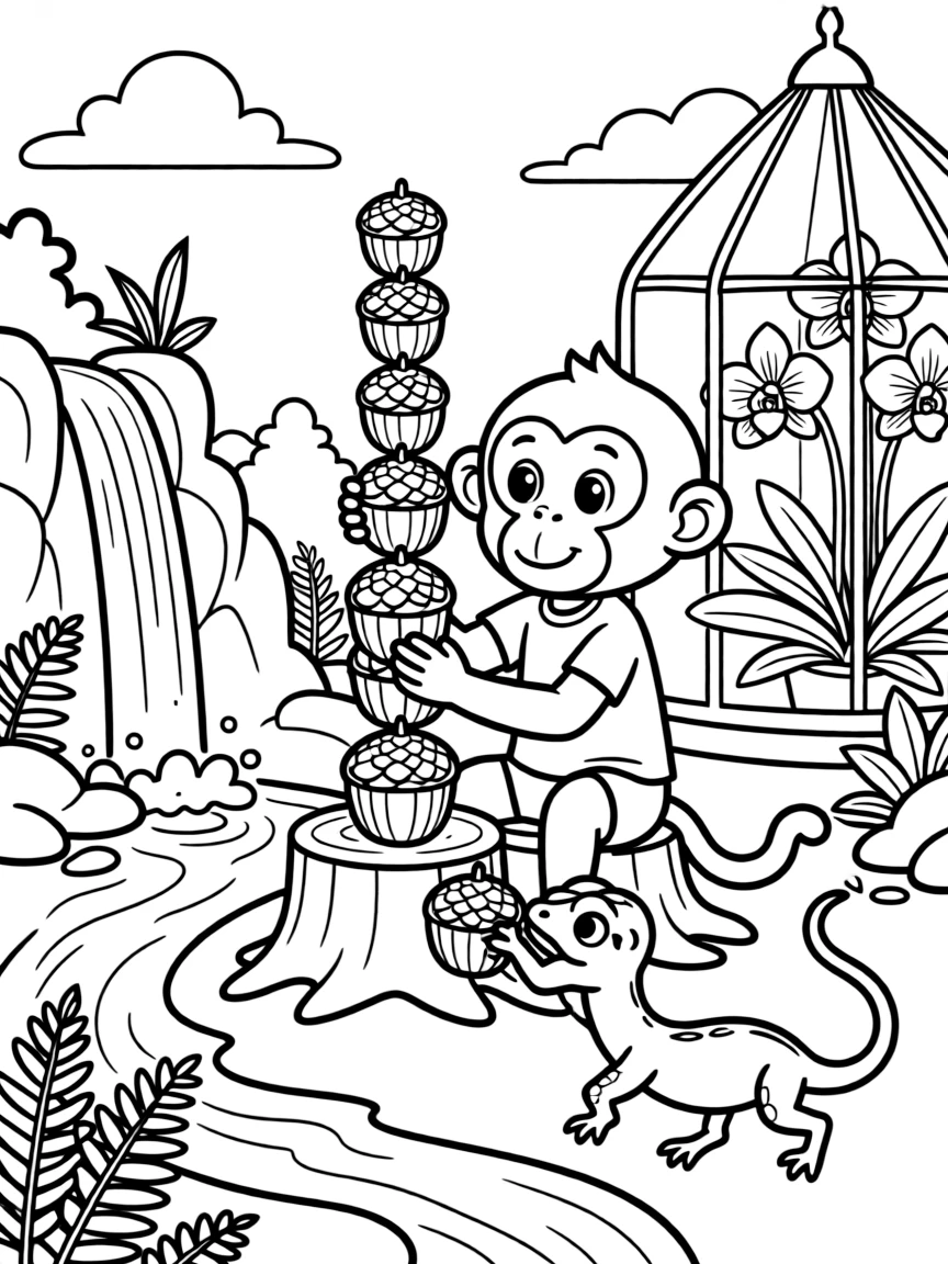 A monkey near a waterfall, stacking acorns into a tower with a gecko, next to a orchid greenhouse, as a gentle waterfall splashes in the background.