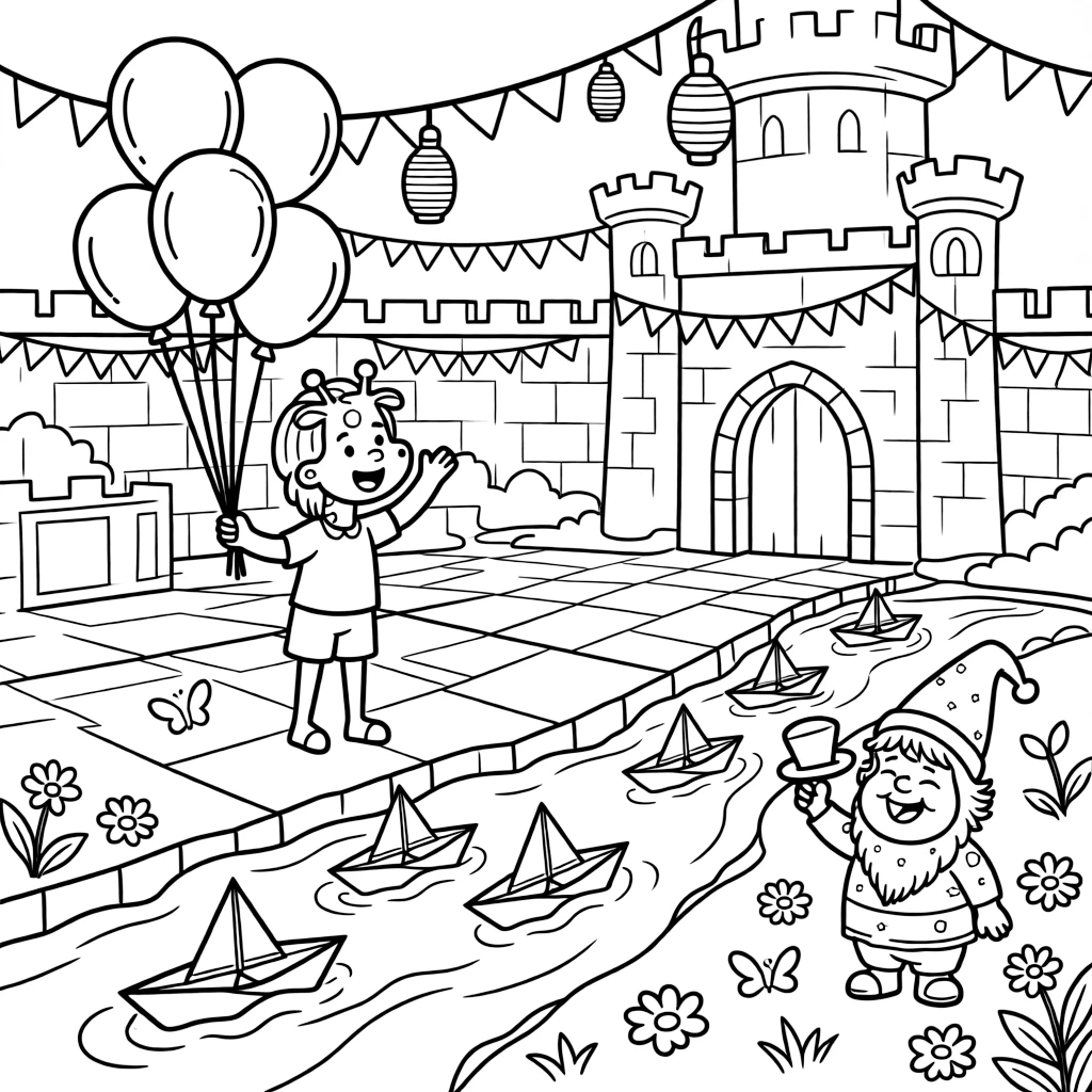 Tiny and full of excitement, a giraffe balloon seller spends the day racing paper boats down a bubbling brook at a royal castle courtyard decorated for a festival. Nearby, a garden gnome tipping his pointy hat adds to the fun. Giggles echo happily through the whole valley.