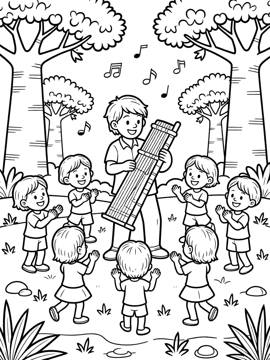 A coloring page bursting with rhythm from Madagascar, showing musicians playing the valiha bamboo tube zither, with an audience of clapping children gathered around in a circle.