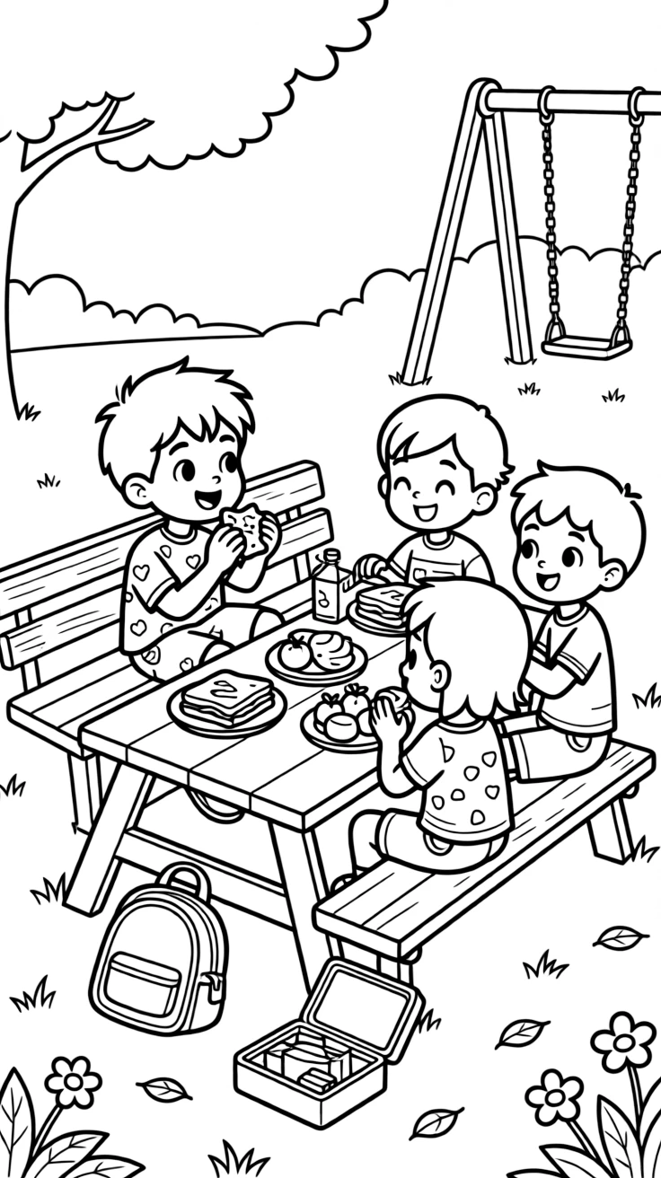a wide-eyed little boy shares a snack with new friends at a picnic table during recess.