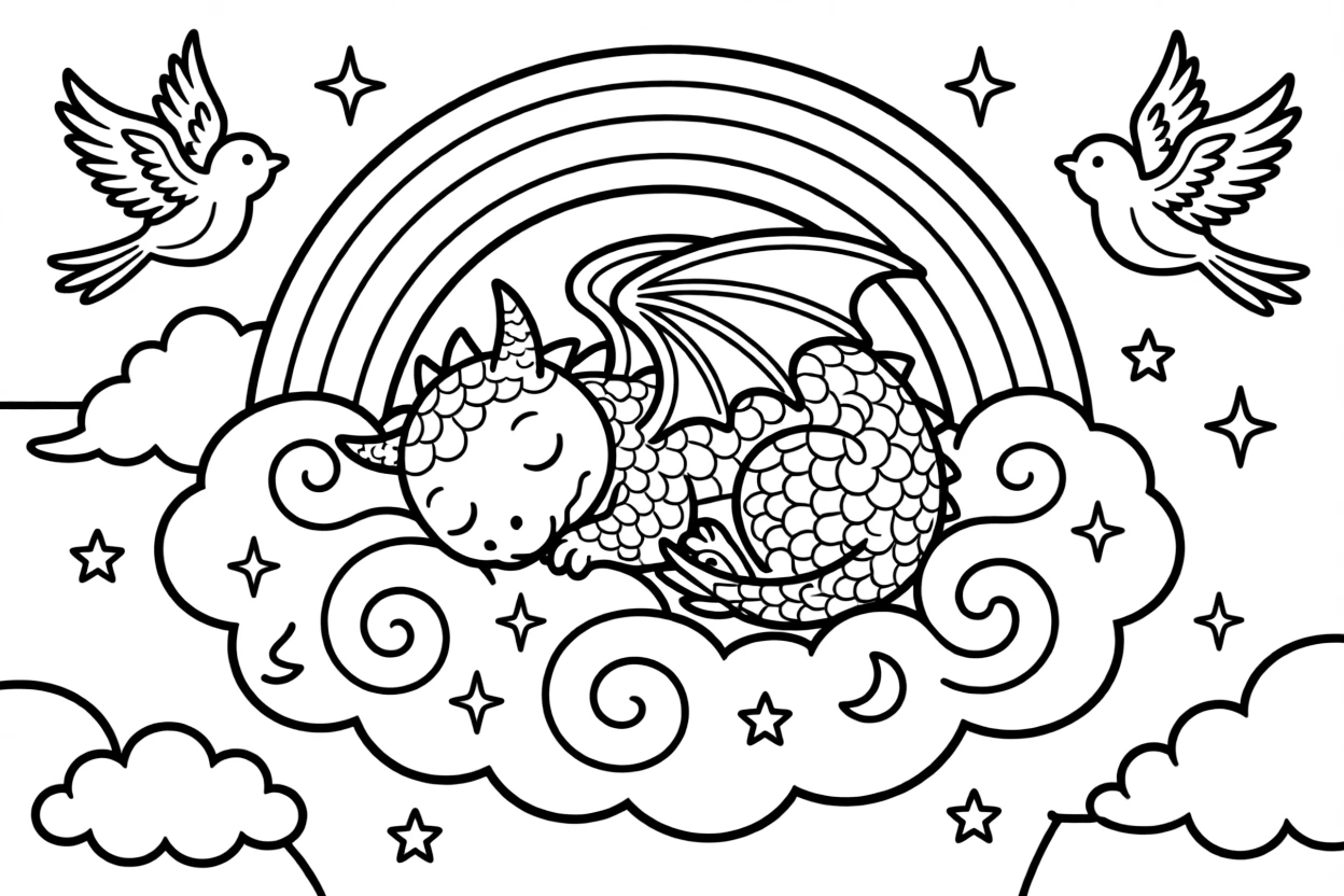 A young dragon curls up in a giant nest of clouds, using a rainbow as a blanket during an afternoon nap.
