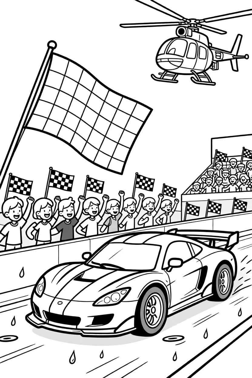 [Race Cars] A dynamic scene shows a turbocharged sports car zooming past a checkered flag past cheering crowds in the stands, letting out a triumphant roar. Close by, a helicopter hovers overhead filming the race. Spectator flags line the guardrails. The moment unfolds in the late afternoon, with a light drizzle just ending, filled with energetic detail perfect for a young colorist.