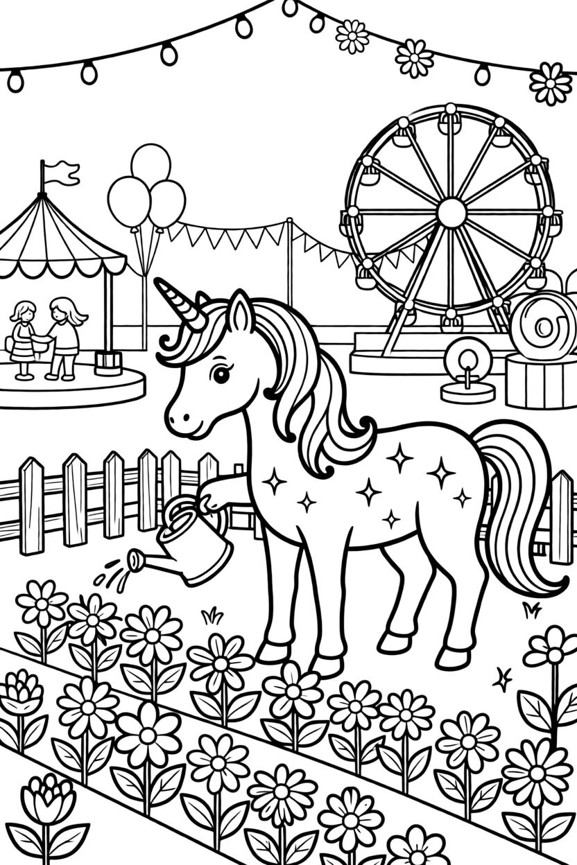 A sparkly unicorn with a rainbow mane is watering rows of flowers with a tiny watering can at a county fair with games and rides. Just beyond, strings of fairy lights strung overhead and a garland of paper flowers strung overhead add a playful, cheerful touch.