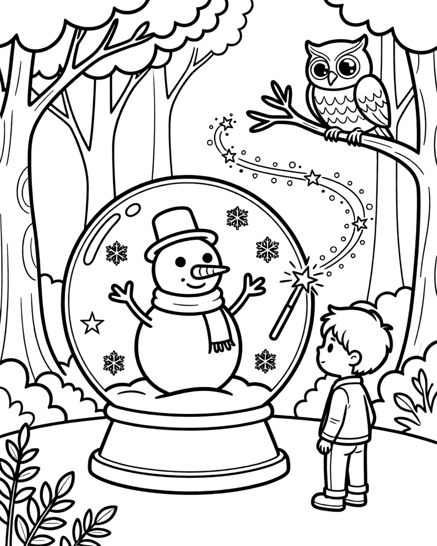 A snowman waving from inside a swirling snow globe in a sparkling magical forest glowing with soft light, while a curious little boy looks on nearby, a talking owl perched on a branch and a magic wand leaving a sparkle trail completing the scene.