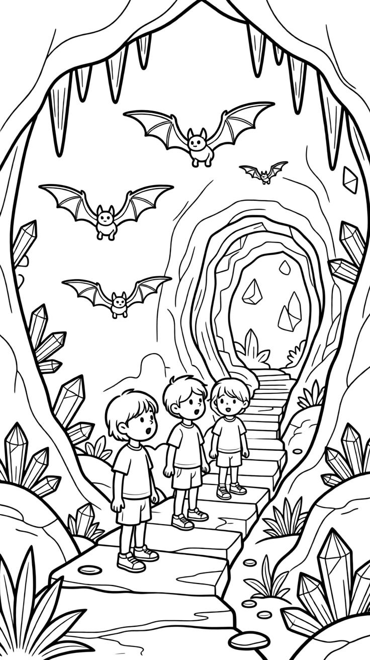 [Mystical Caves] A group of children discover a hidden cave filled with sparkling geode formations. A family of bats swoops gracefully around a cluster of towering stalactites. A narrow stone path winds between rock formations toward a hidden underground chamber. Quiet darkness surrounds the cave entrance, broken only by patches of glowing crystal.