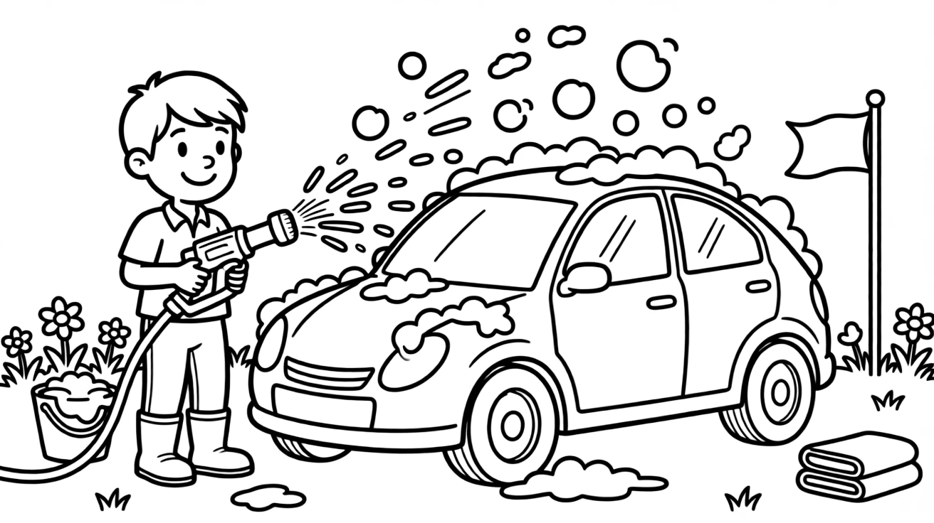 A car wash worker sprays soap and water over a shiny car.