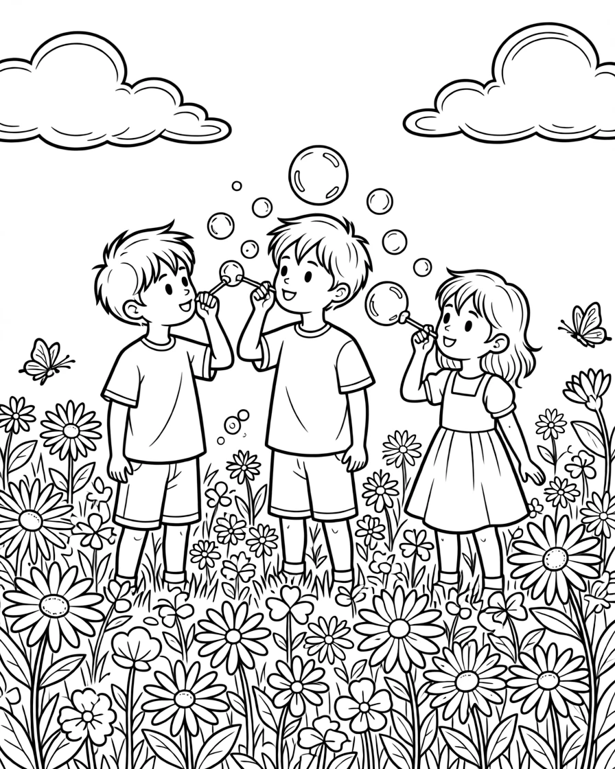 Twin brothers blowing bubbles with a cousin the same age in a meadow full of wildflowers while fluffy clouds drift by.