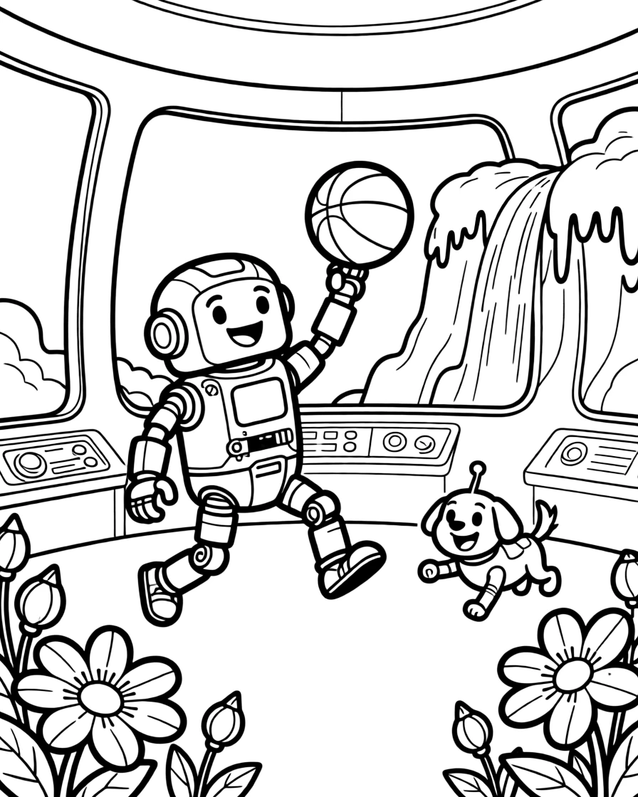Zappy, a wobbly-legged inventor robot playing a friendly game of zero-gravity basketball on a space station in a frozen waterfall planet with rainbow-colored ice, as a robot dog wagging its antenna tail and a garden of oversized glowing flowers fill the scene.