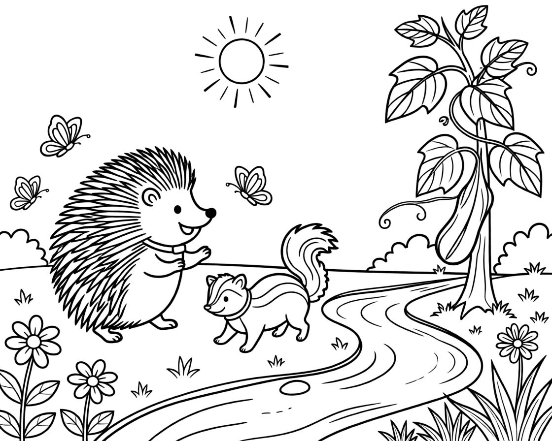 A porcupine chasing butterflies through the garden with a skunk kit beside a bubbling brook, near a giant beanstalk, as the sun sets in soft colors.