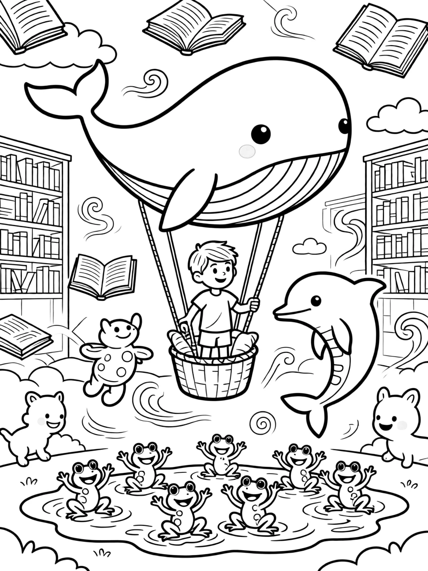 In a magical library where the books float and flutter, a clumsy dolphin acrobat discovers the joy of steering a hot air balloon shaped like a whale, while a puddle full of jumping frogs watches happily nearby. Warm smiles and happy cheers fill the scene.