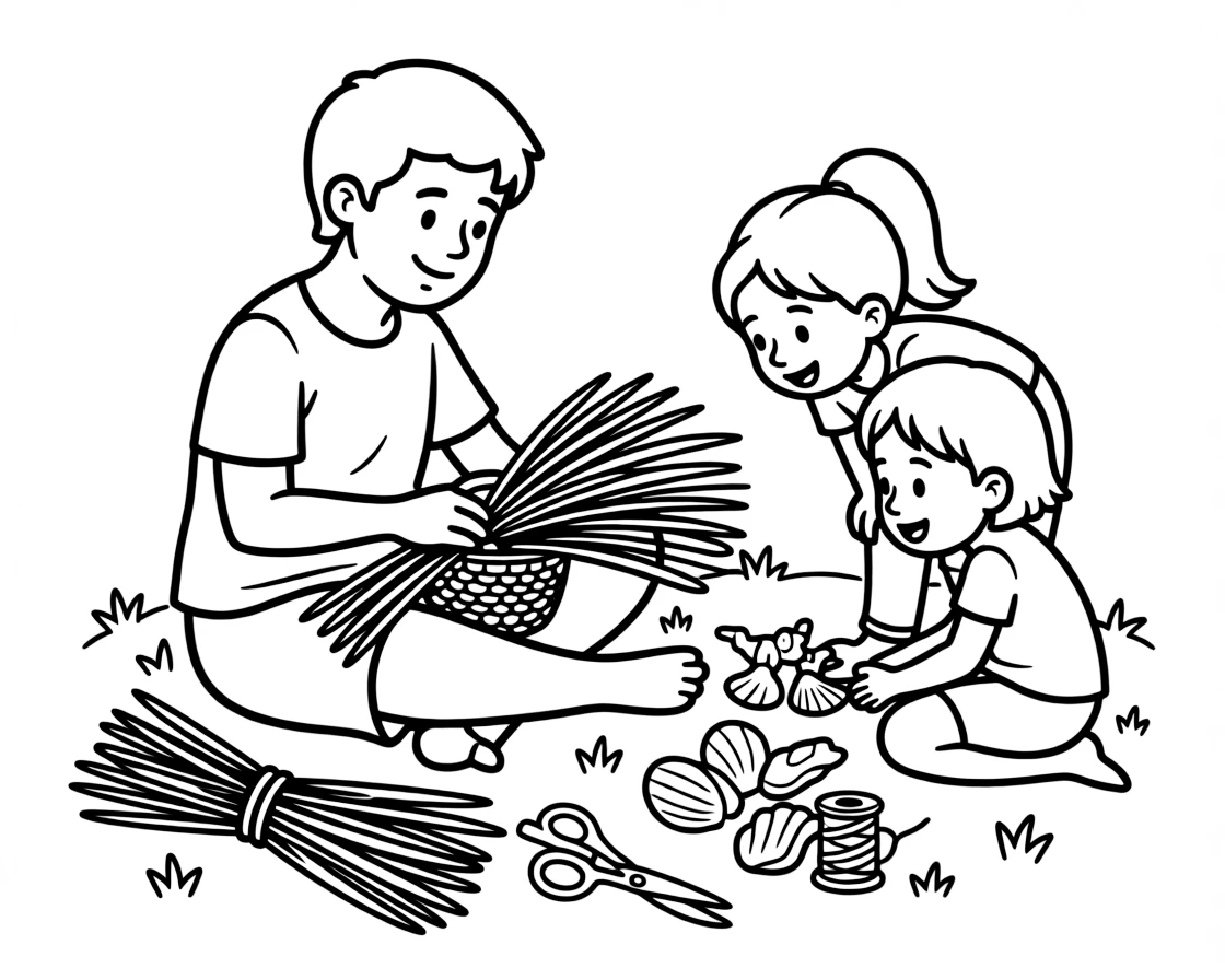 A coloring page of a child in Madagascar enjoying a craftsman weaving a raffia basket from palm fibers, surrounded by colorful supplies and a curious sibling watching closely.