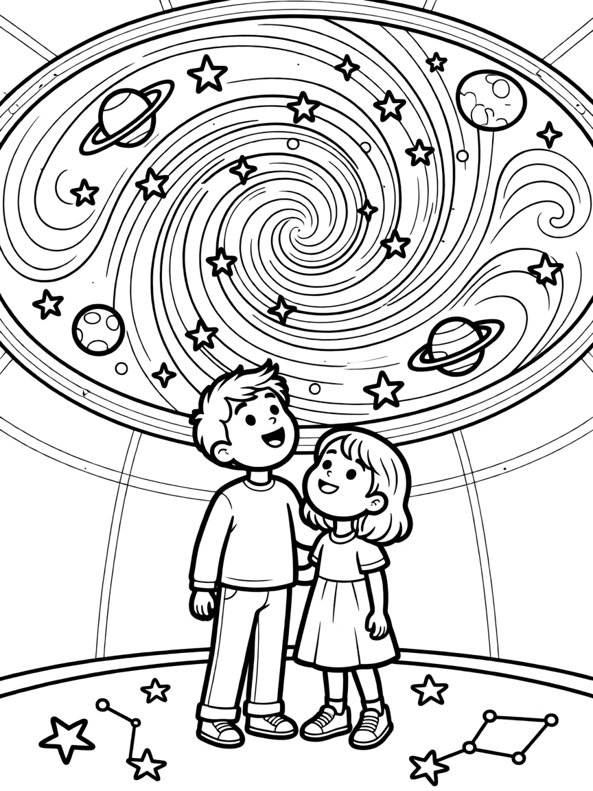 a giggling older brother and his little sister looks up in wonder at a swirling star projection inside a planetarium dome.
