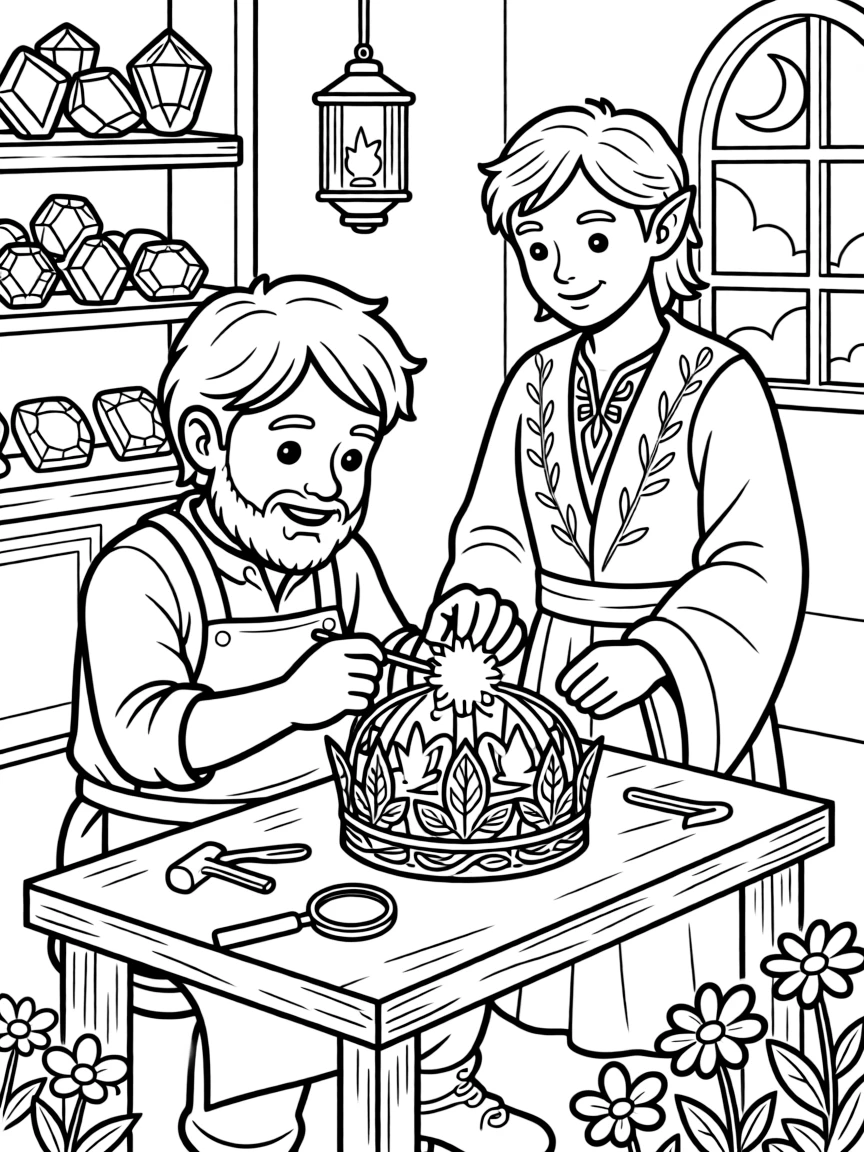 A dwarf jeweler sets a glowing moonstone into a crown for the elf king's upcoming celebration.