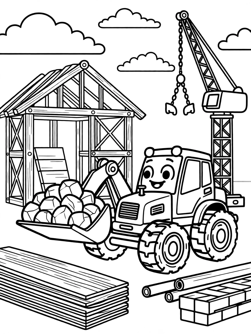 [Construction Vehicles] a hard-working bulldozer hauling a load of rocks next to stacks of building materials, grinning with excitement, while a half-finished building frame rises behind fills the surrounding area. Chains and hooks dangle from the crane arm. Set at sunrise, with fluffy clouds drifting overhead, the page bursts with adventure and imagination.