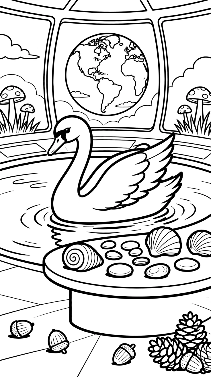 A graceful swan gliding on the water is sorting seashells and pebbles by size and color inside a space station with a view of Earth. In the background, tiny mushrooms with spotted caps peeking through the grass and a cluster of acorns and pinecones scattered about make the scene feel magical.