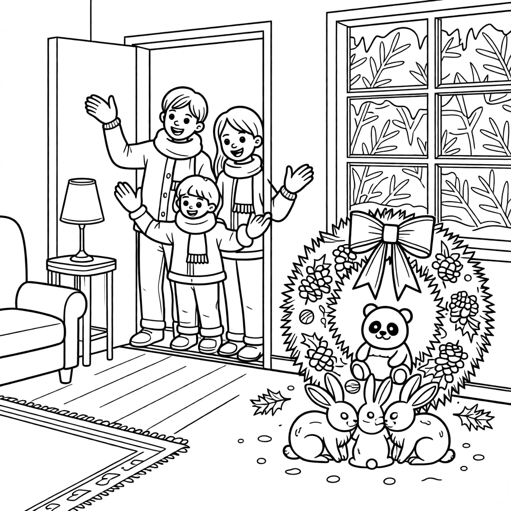 A family calling out for good fortune at the door in a warmly lit living room with frost on the windows, with a chubby panda cub playing close by amid a wreath tied with a red ribbon and a family of snow-covered rabbits.