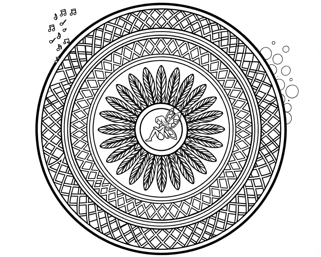 Mythical & Fantasy Creatures: The main subject is a tiny fairy with delicate patterned wings, drawn as the focal point of a feather-ring mandala with plumes fanning outward. It is placed at the very center of the page, with the surrounding rings growing larger and more detailed toward the outer edge. Decorative details fill the surrounding space, including rows of small square tiles, a grid of lattice diamonds, and clusters of round bubbles woven throughout the background. A playful extra touch completes the page: a few tiny musical notes drifting near one corner of the page.