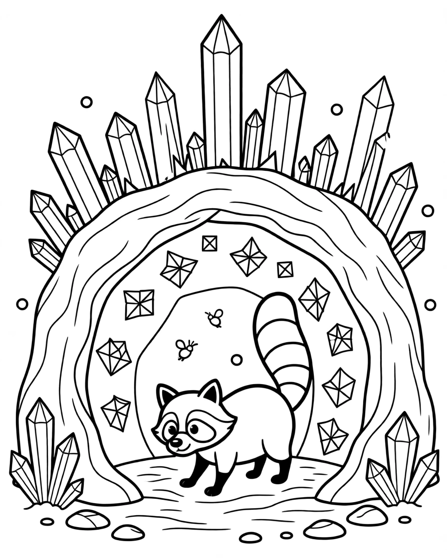 [Mystical Caves] A curious raccoon wanders past towering stalagmites deep inside a hidden cave. Fireflies drift near the cave entrance, their light mixing with glowing crystals inside. Glowing crystals embedded in the cave walls light the path like tiny stars. Quiet darkness surrounds the cave entrance, broken only by patches of glowing crystal.