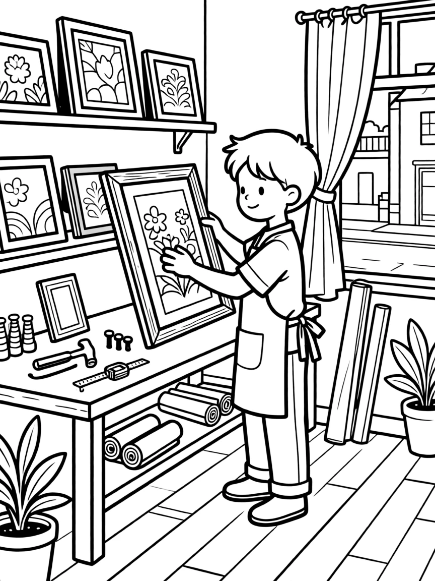 A picture framer fits a colorful painting into a wooden frame at a small shop.