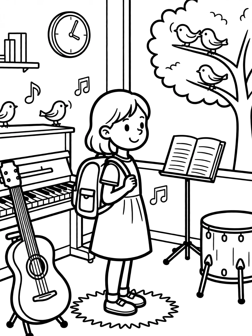 A cheerful girl waiting for the school bus with a backpack at a music room as birds chirp in a nearby tree.