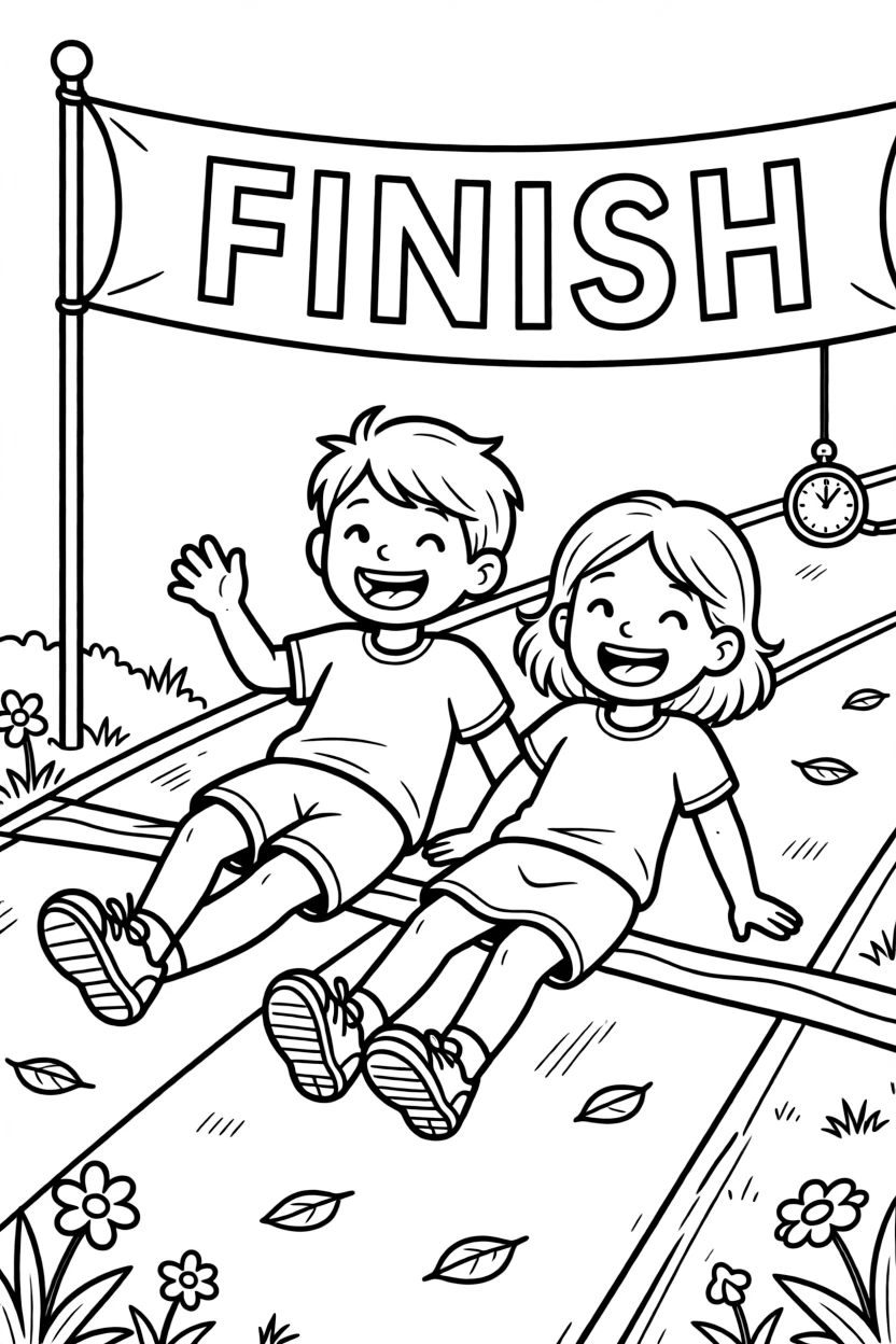 A pair of twin siblings, crossing the finish line and collapsing happily onto the soft track.