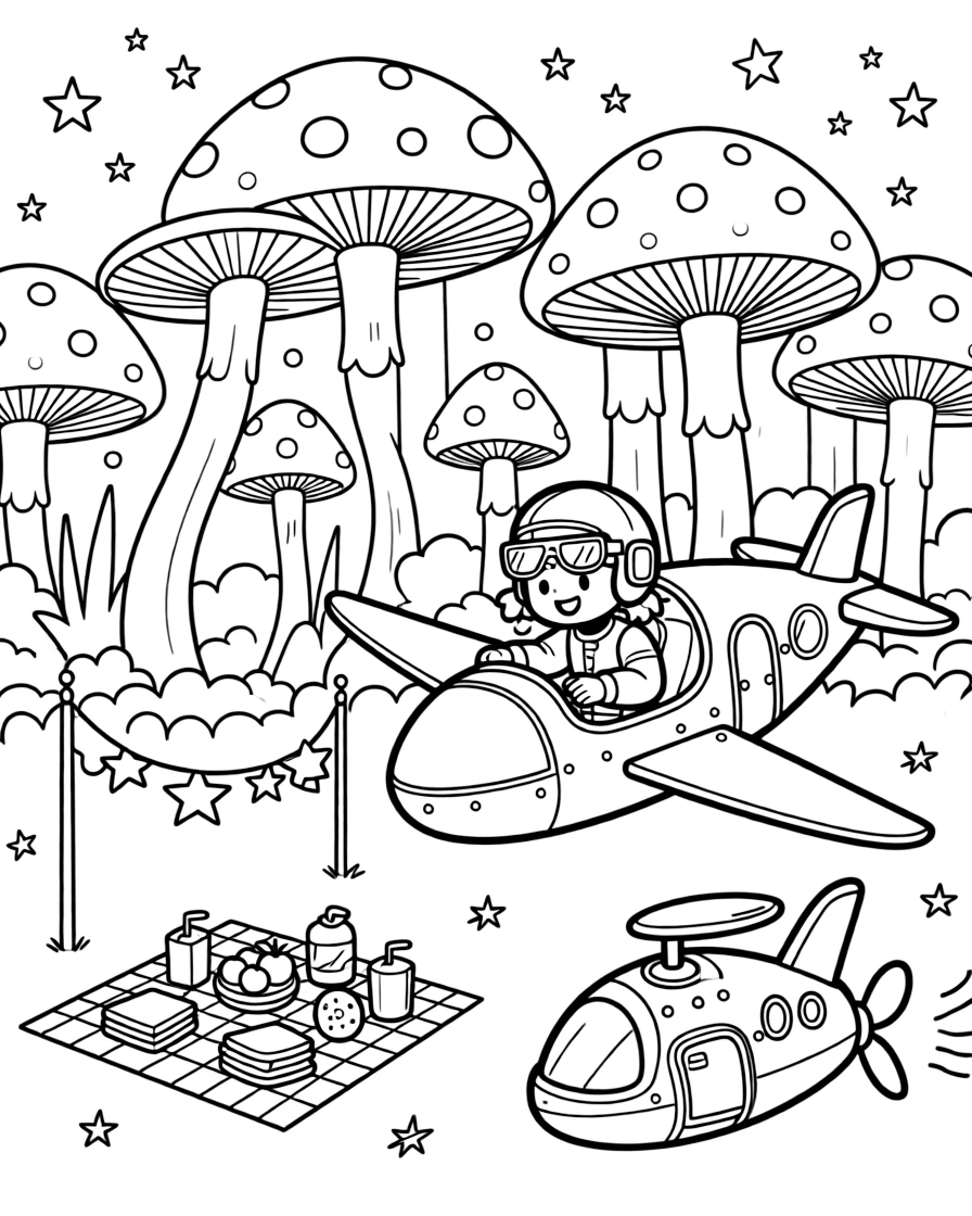 In a jungle of giant glowing mushrooms on a misty alien world, pilot Sable zooming along on a glide-copter decorating a spaceship for an intergalactic festival, while a picnic blanket spread with snacks under the stars adds to the excitement.