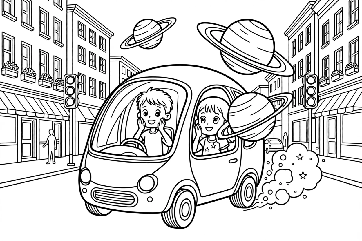 This page centers on a bubble-shaped self-driving pod car with no steering wheel exploring a bustling city street lined with tall buildings and traffic lights, featuring twin siblings pressing their faces to the window and little extras like planets with colorful rings floating nearby and a bouncy trail of moon dust kicked up behind the wheels.