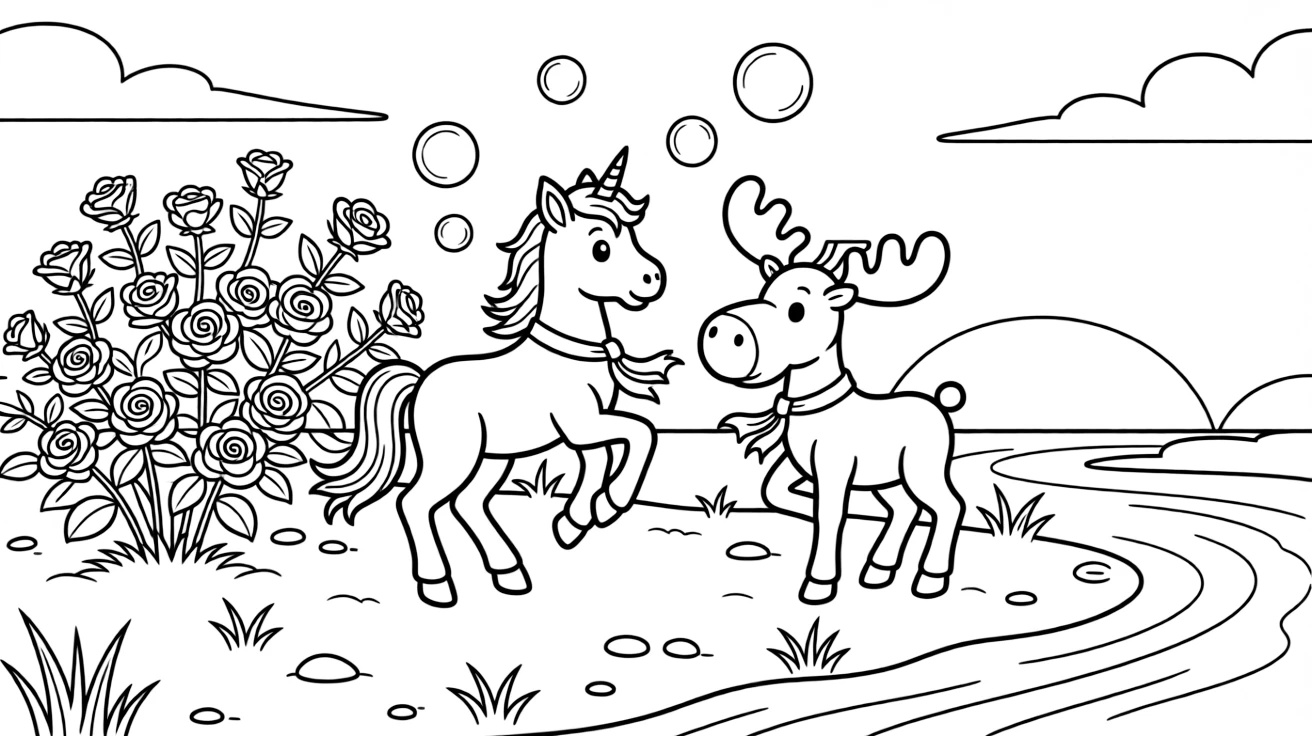 A unicorn foal on a riverbank at dawn, dancing in the rain with a moose calf, next to a rose bush, as bubbles float up into the sky.