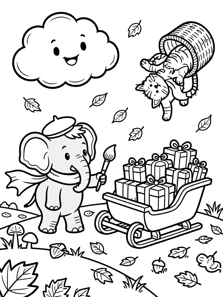 On an autumn hillside covered in falling leaves, a fearless baby elephant painter is busy delivering presents from an overflowing sleigh, cheered on by a cloud shaped like a giant marshmallow and a basket of kittens tumbling over each other. The whole scene bursts with joy and adventure.