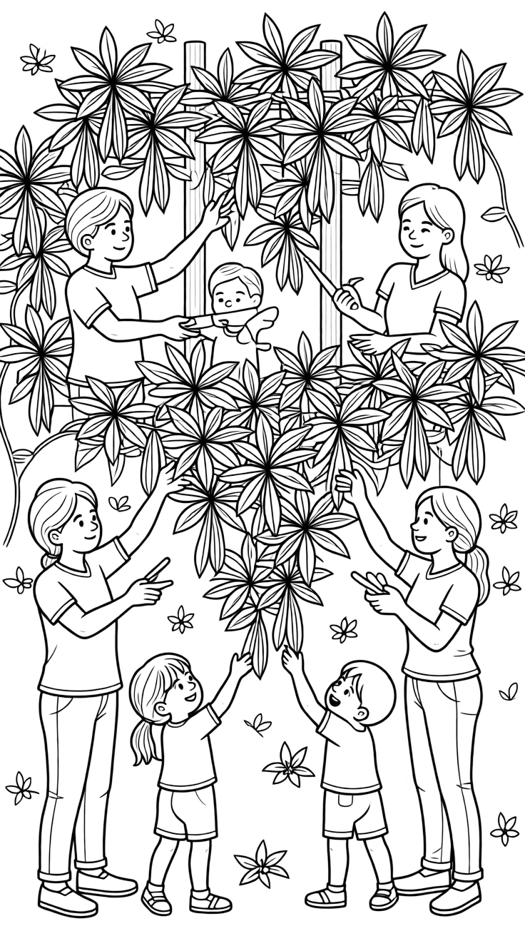 A coloring page of a family harvesting vanilla pods from climbing vines in Madagascar, showing grandparents, parents, and children all taking part together in the fun.