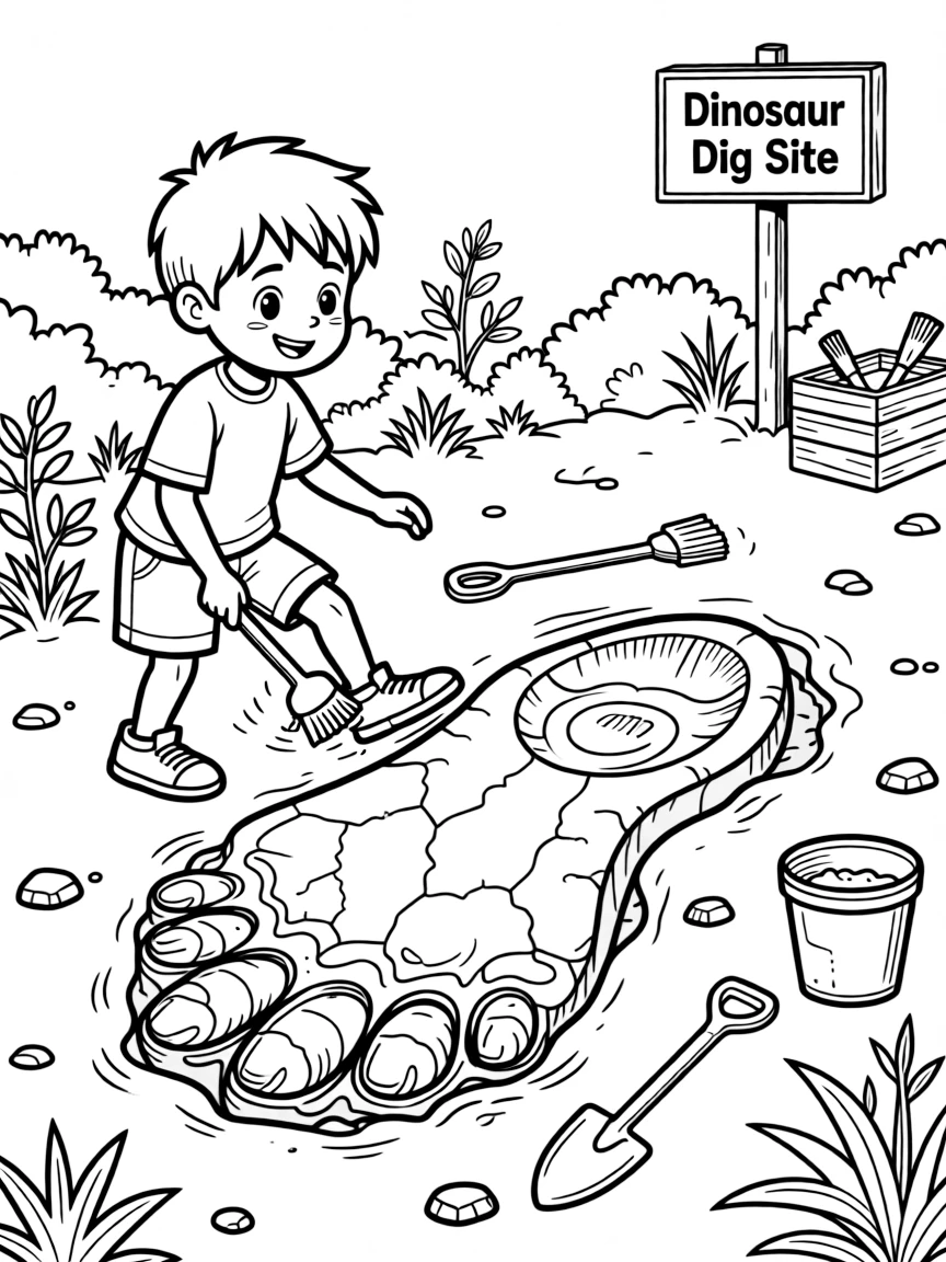 a proud little boy brushes dust off a giant fossilized dinosaur footprint in a dig site.